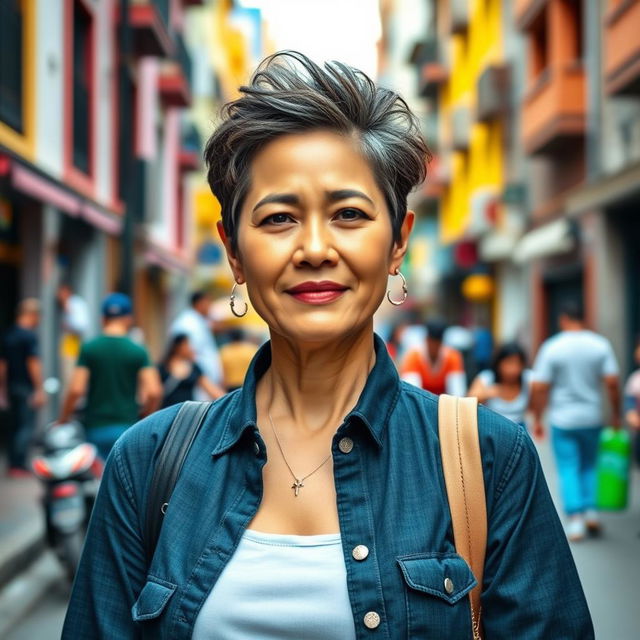 A beautiful Colombian woman aged between 40 and 45, showcasing a trendy hairstyle