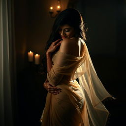 A sultry scene set in a dimly lit room at night, featuring an alluring Indian bride in a graceful pose, surrounded by soft candlelight