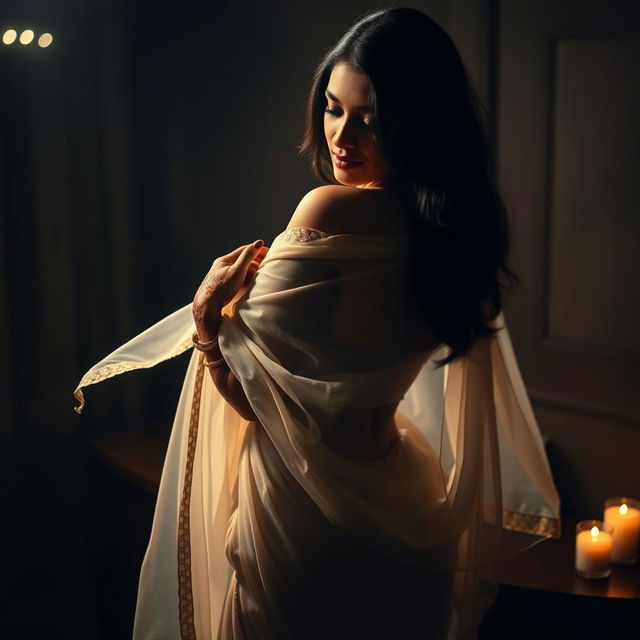 A sultry scene set in a dimly lit room at night, featuring an alluring Indian bride in a graceful pose, surrounded by soft candlelight