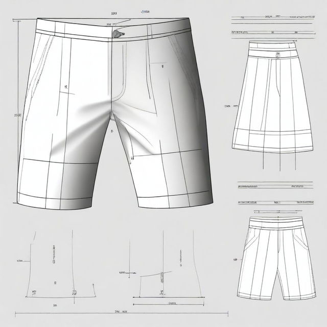 An image of a detailed, high-quality digital art pattern for tailoring men's shorts without pockets