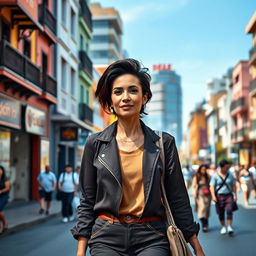 A full-length portrait of a stunning Colombian woman aged 40-45 with a fashionable hairstyle, walking confidently through a vibrant urban environment