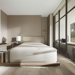 A bedroom that exudes modern and simple elegance with minimalist furniture, neutral color tones, and stylish decor.