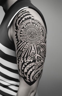 A high-resolution, black and white digital art image of a minimalistic Aztec tattoo design