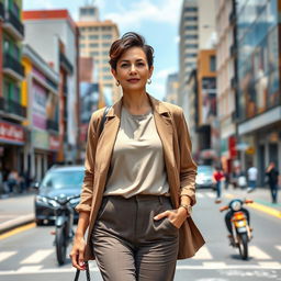 A full-length portrait of a beautiful Colombian woman aged 40-45 with a fashionable hairstyle, standing confidently as she walks through a bustling city