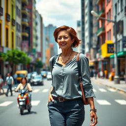 A full-length portrait of a beautiful Colombian woman aged 40-45 with a fashionable hairstyle, standing confidently as she walks through a bustling city