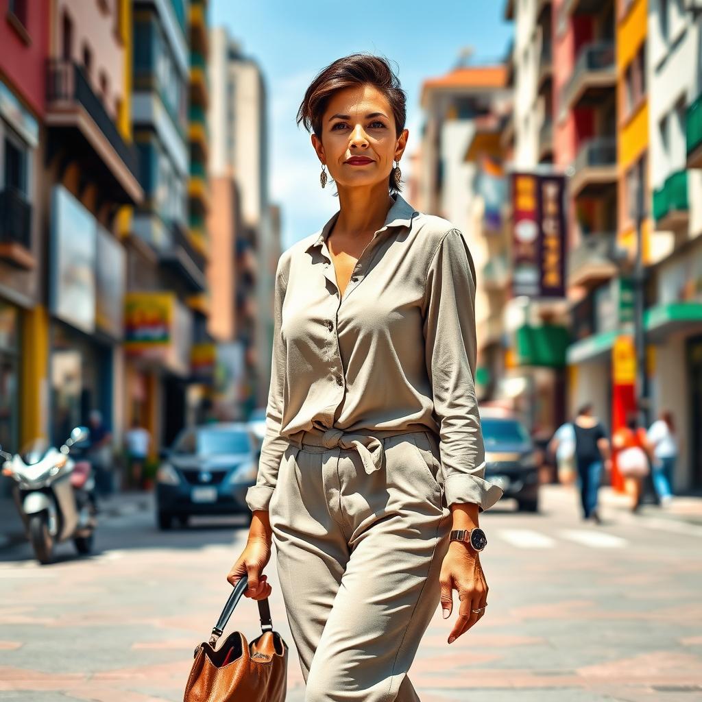 A full-length portrait of a beautiful Colombian woman aged 40-45 with a fashionable hairstyle, standing confidently as she walks through a bustling city