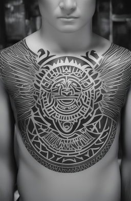 A high-resolution, black and white digital art image of a minimalistic Aztec tattoo design