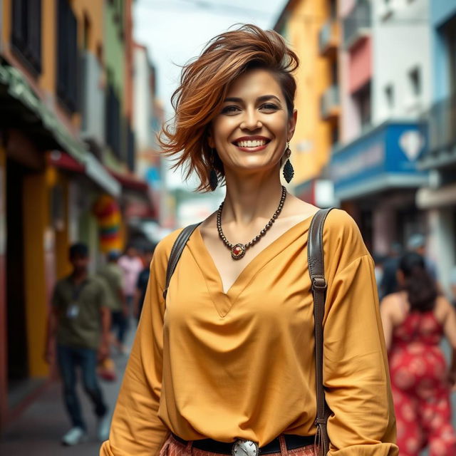 A beautiful Colombian woman aged between 40 and 45 years, standing confidently in full height