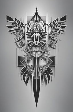 A high-resolution, black and white digital art image of a minimalistic Aztec tattoo design