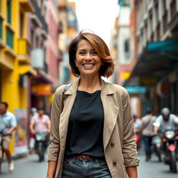 A beautiful Colombian woman aged between 40 and 45 years, standing confidently in full height