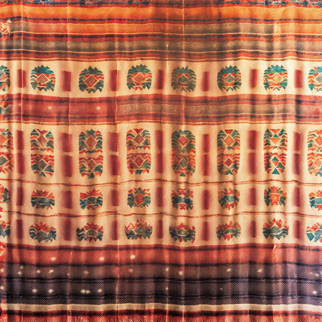 This high-definition photograph features a canvas cloth adorned with intricate Aztec designs