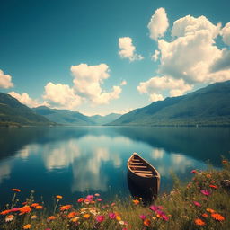 A serene landscape depicting a tranquil lake surrounded by lush green mountains under a clear blue sky, with fluffy white clouds scattered throughout