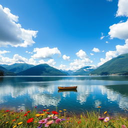 A serene landscape depicting a tranquil lake surrounded by lush green mountains under a clear blue sky, with fluffy white clouds scattered throughout