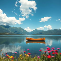 A serene landscape depicting a tranquil lake surrounded by lush green mountains under a clear blue sky, with fluffy white clouds scattered throughout
