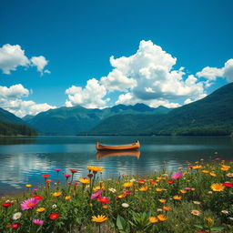 A serene landscape depicting a tranquil lake surrounded by lush green mountains under a clear blue sky, with fluffy white clouds scattered throughout