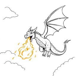 An exciting illustration of a dragon soaring through the sky, spewing vibrant fire from its maw