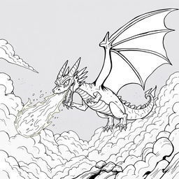 An exciting illustration of a dragon soaring through the sky, spewing vibrant fire from its maw