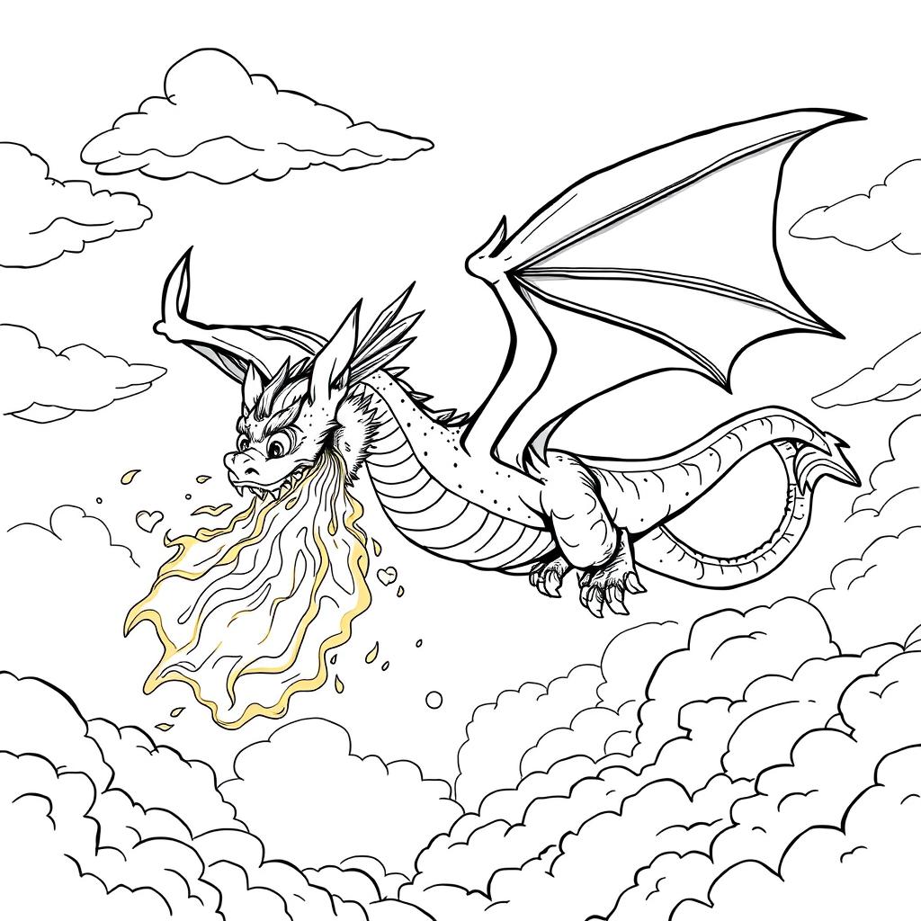 An exciting illustration of a dragon soaring through the sky, spewing vibrant fire from its maw