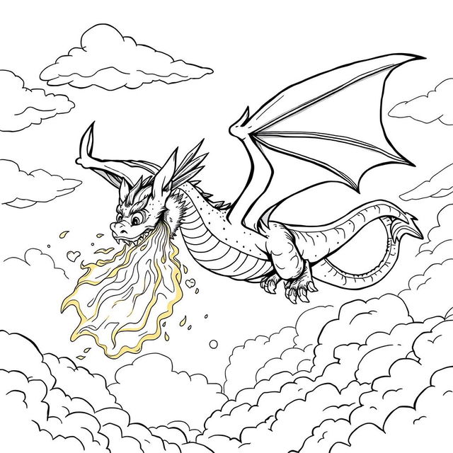 An exciting illustration of a dragon soaring through the sky, spewing vibrant fire from its maw