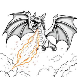 An exciting illustration of a dragon soaring through the sky, spewing vibrant fire from its maw