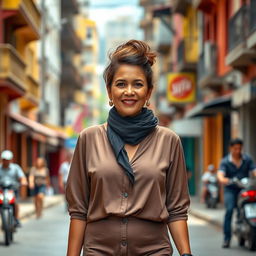 A beautiful Colombian woman aged between 40 and 45 years, standing confidently in full height