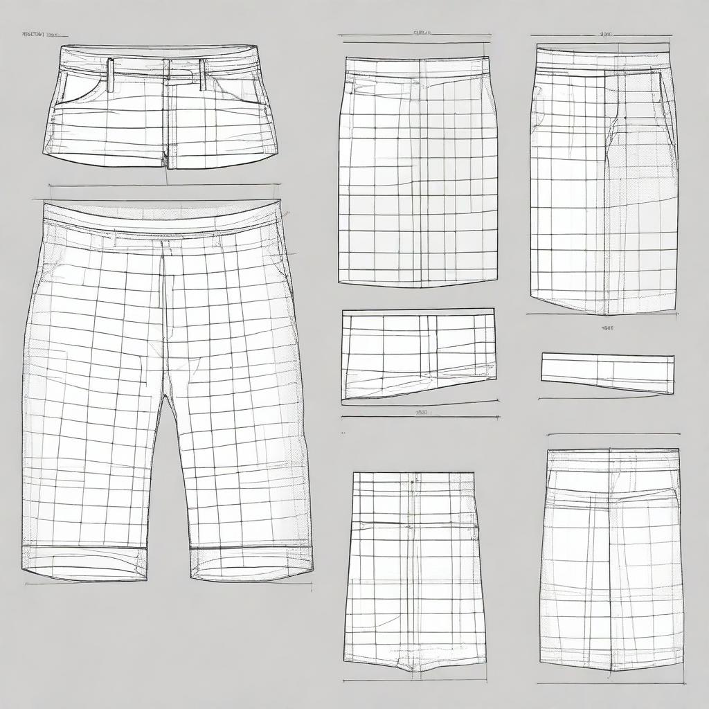 A high-quality, detailed image featuring separate digital art patterns for constructing shorts