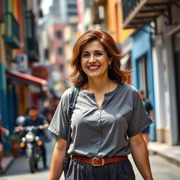 A beautiful Colombian woman aged between 40 and 45 years, standing confidently in full height