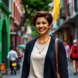 A beautiful Colombian woman aged between 40 and 45 years, standing confidently in full height