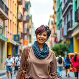 A beautiful Colombian woman aged between 40 and 45 years, standing confidently in full height