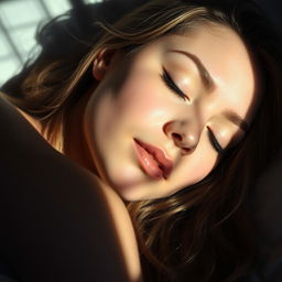A beautiful woman sleeping peacefully, illuminated by soft, dim light