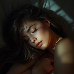 A beautiful woman sleeping peacefully, illuminated by soft, dim light