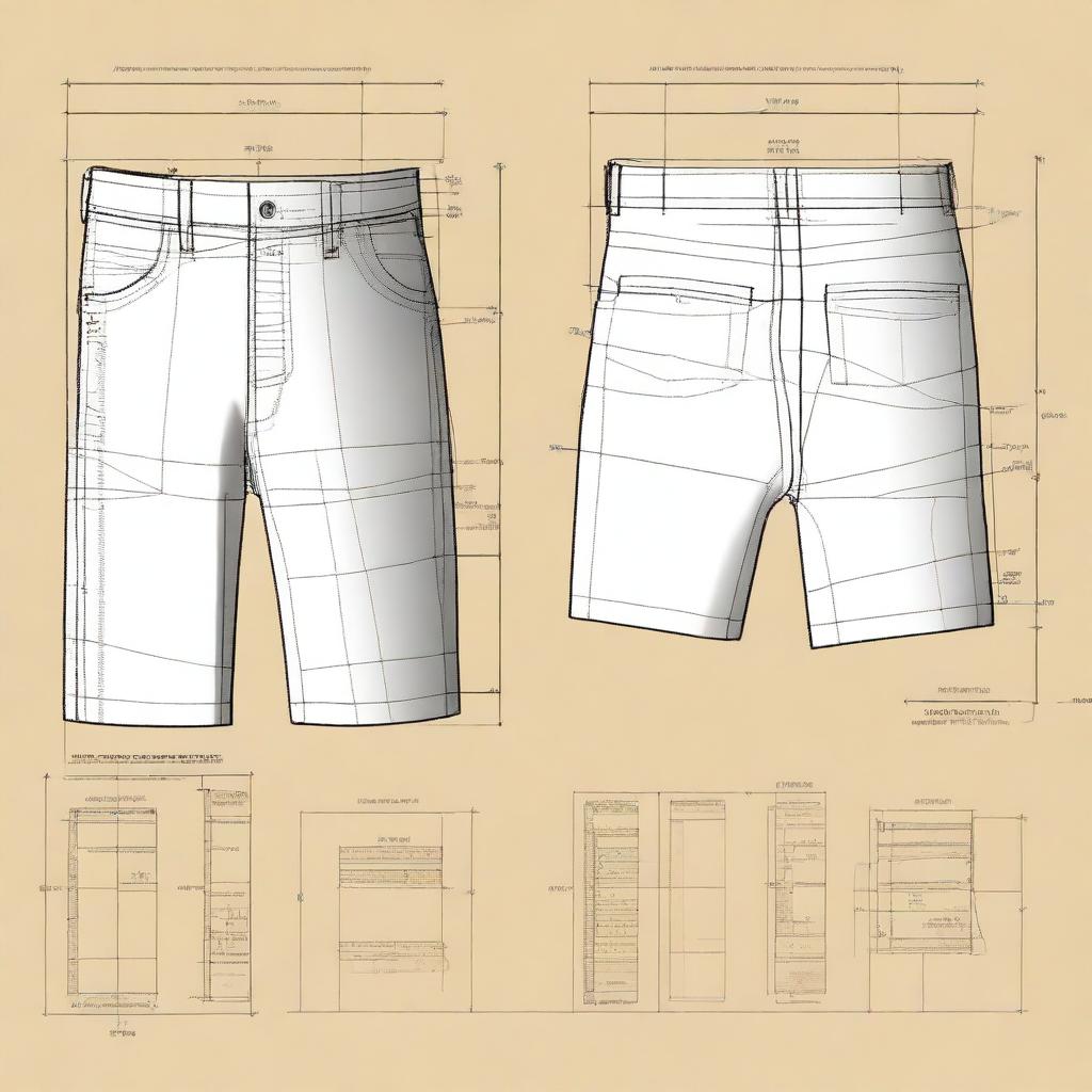 A high-quality, detailed image featuring separate digital art patterns for constructing shorts