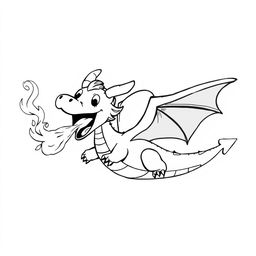 A cute and whimsical illustration of a dragon joyfully flying through the sky, playfully spewing fire from its maw
