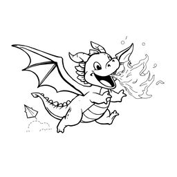 A cute and whimsical illustration of a dragon joyfully flying through the sky, playfully spewing fire from its maw