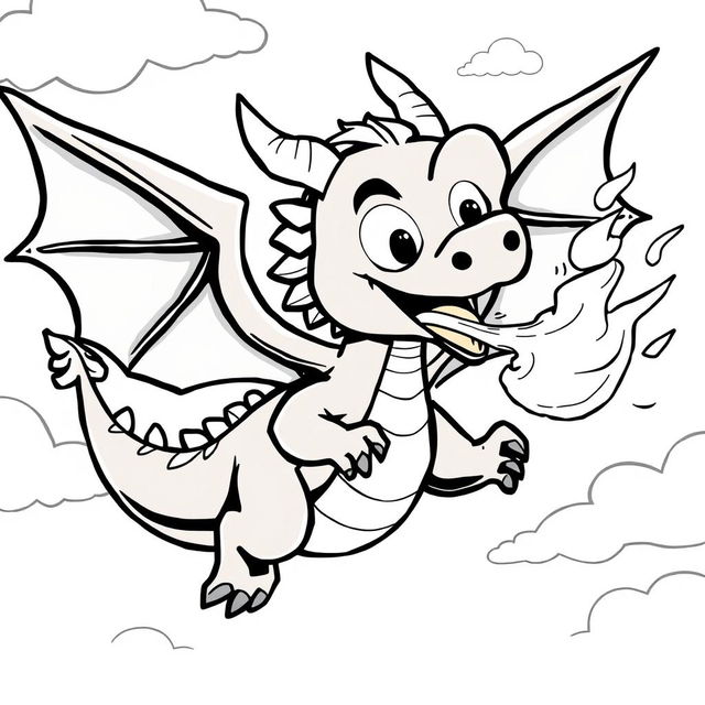 A cute and whimsical illustration of a dragon joyfully flying through the sky, playfully spewing fire from its maw