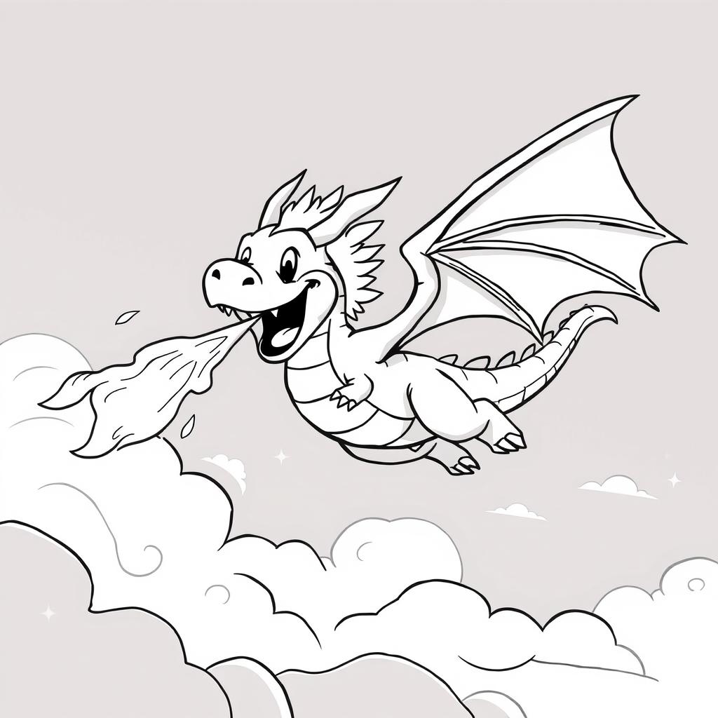 A cute and whimsical illustration of a dragon joyfully flying through the sky, playfully spewing fire from its maw