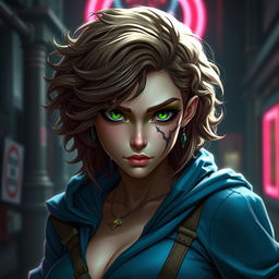 A female Arcane original character from Zaun, featuring vibrant green eyes that convey her fierce spirit