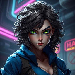 A female Arcane original character from Zaun, featuring vibrant green eyes that convey her fierce spirit