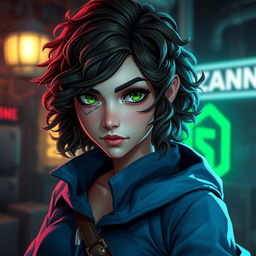 A female Arcane original character from Zaun, featuring vibrant green eyes that convey her fierce spirit