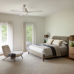 A bedroom that exudes modern and simple elegance with minimalist furniture, neutral color tones, and stylish decor.