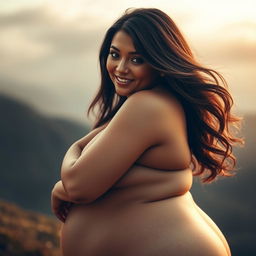A sensual and artistic portrayal of a voluptuous woman with luscious curves, showcasing her figure in a graceful and elegant manner