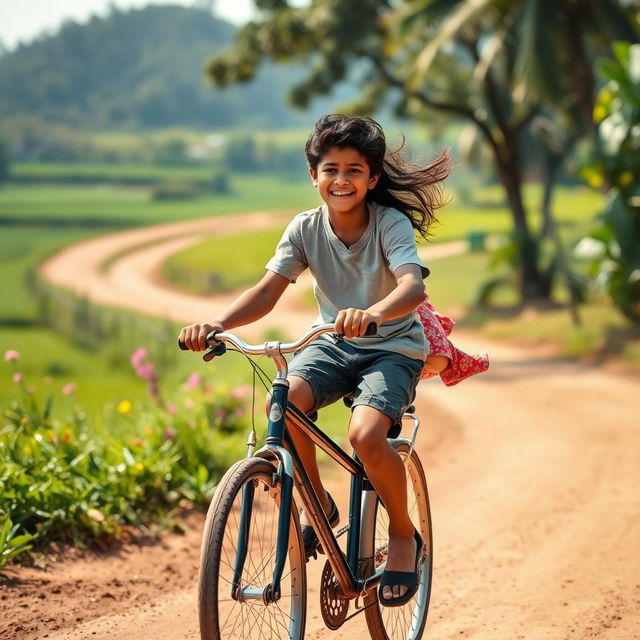 On a sunny afternoon in a picturesque Tamil village, a 17-year-old boy joyfully rides his bicycle down a winding dirt path