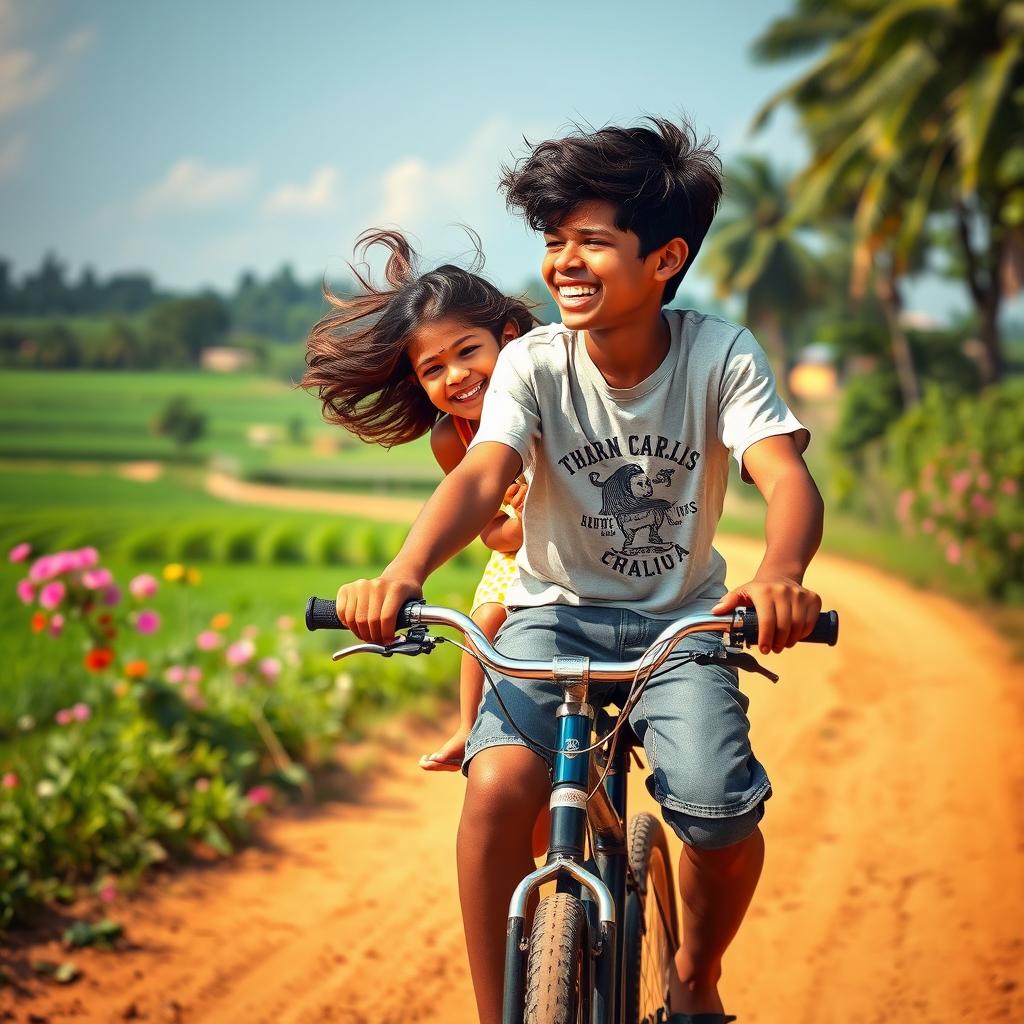 On a sunny afternoon in a picturesque Tamil village, a 17-year-old boy joyfully rides his bicycle down a winding dirt path