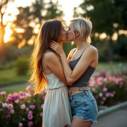Two young women in an intimate and romantic embrace, sharing a gentle kiss in a softly lit park at sunset, surrounded by blooming flowers