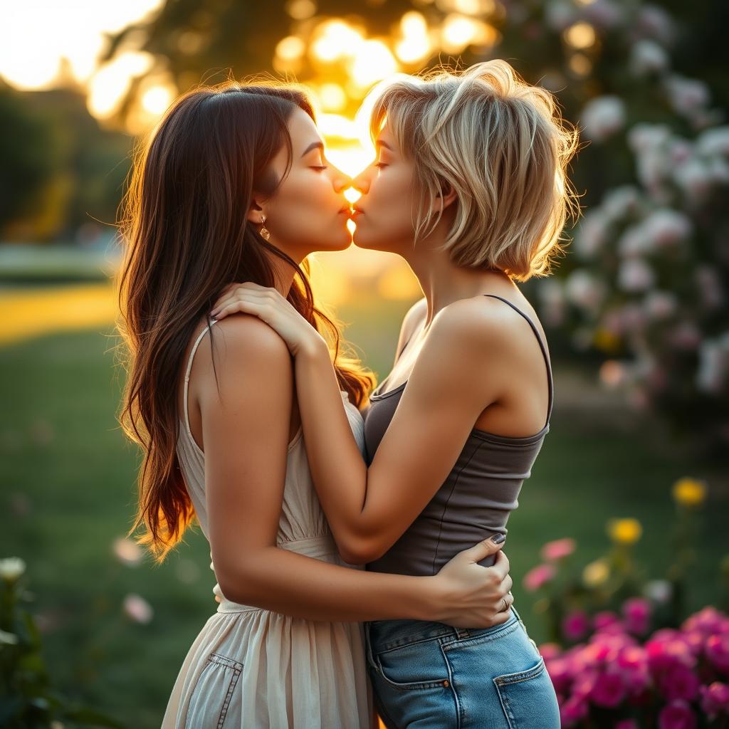 Two young women in an intimate and romantic embrace, sharing a gentle kiss in a softly lit park at sunset, surrounded by blooming flowers