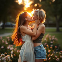 Two young women in an intimate and romantic embrace, sharing a gentle kiss in a softly lit park at sunset, surrounded by blooming flowers