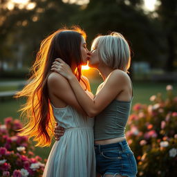 Two young women in an intimate and romantic embrace, sharing a gentle kiss in a softly lit park at sunset, surrounded by blooming flowers