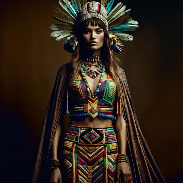 A high-definition editorial magazine photograph featuring a model wearing an outfit inspired by Aztec designs