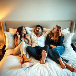 Two women and one man lounging playfully on a bed, sharing a light-hearted moment filled with laughter