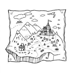 A cute and whimsical illustration of a medieval map, featuring worn edges for an authentic, aged look